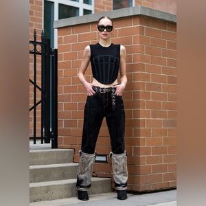 Kate Hewko Western Cuff Wide Leg Jeans Black Gold Embroidered Denim NWT Sz Small